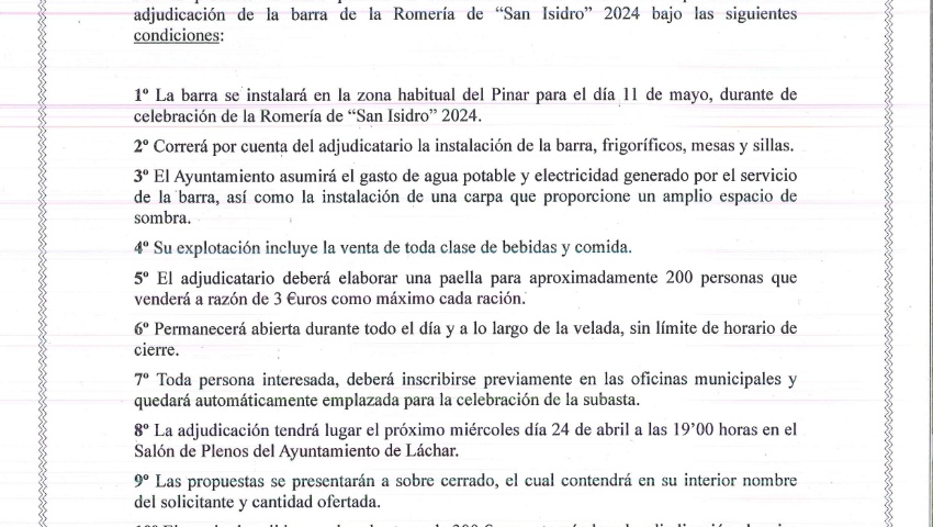 Subasta Barra Romería San Isidro 2024