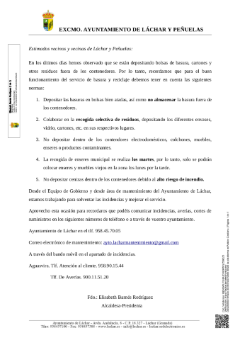 Carta Alcaldía: Indicaciones sobre la Gestión de Residuos Sólidos Urbanos (Basura y Enseres)