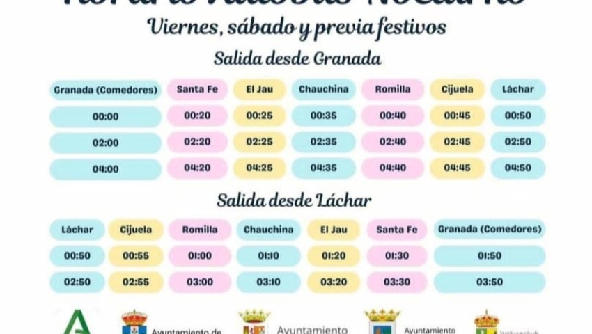 Horario Nocturno - Láchar - Cijuela - Romilla - Chauchina - El Jau - Santa Fe - Bobadilla (Granada) - Granada