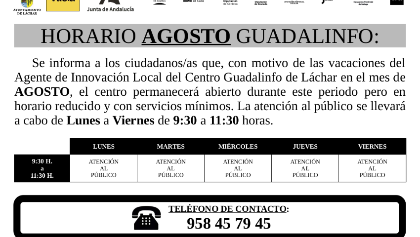Nuevo Horario Centro Guadalinfo Vuela Mes de Agosto- Principios de Septiembre