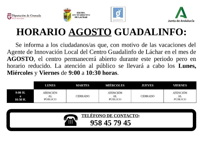 Horario del Centro Guadalinfo durante el mes de agosto