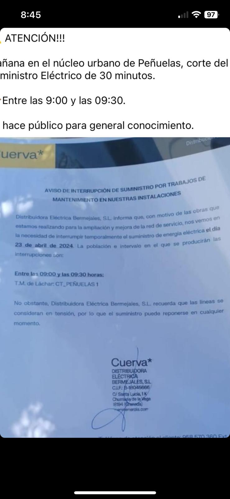 Atención, corte de Luz en Peñuelas